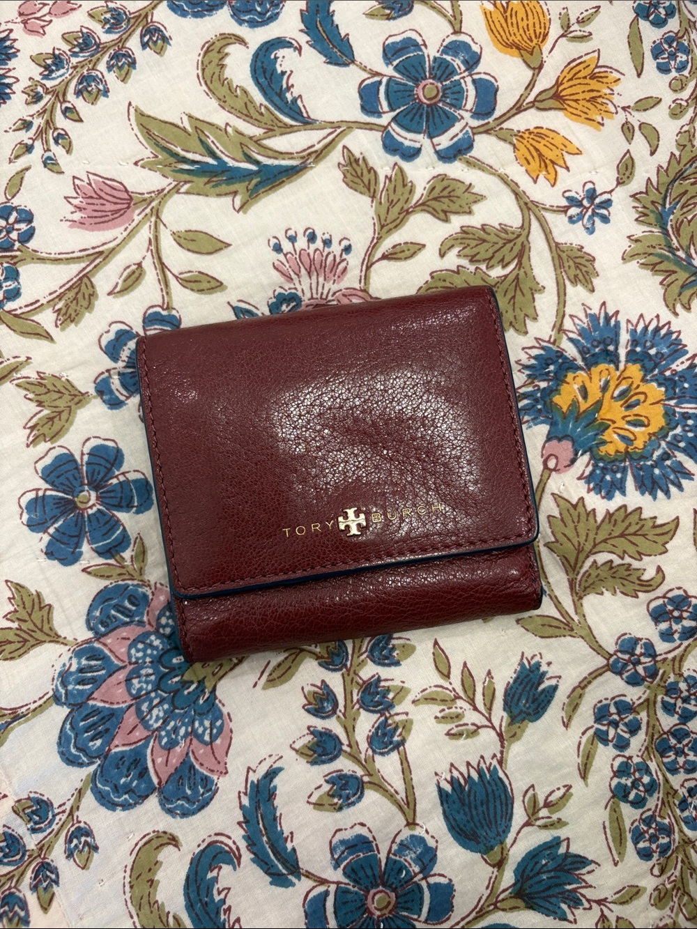 Tory Burch Small Fold-Over Wallet in Deep Burgundy with Gold Logo